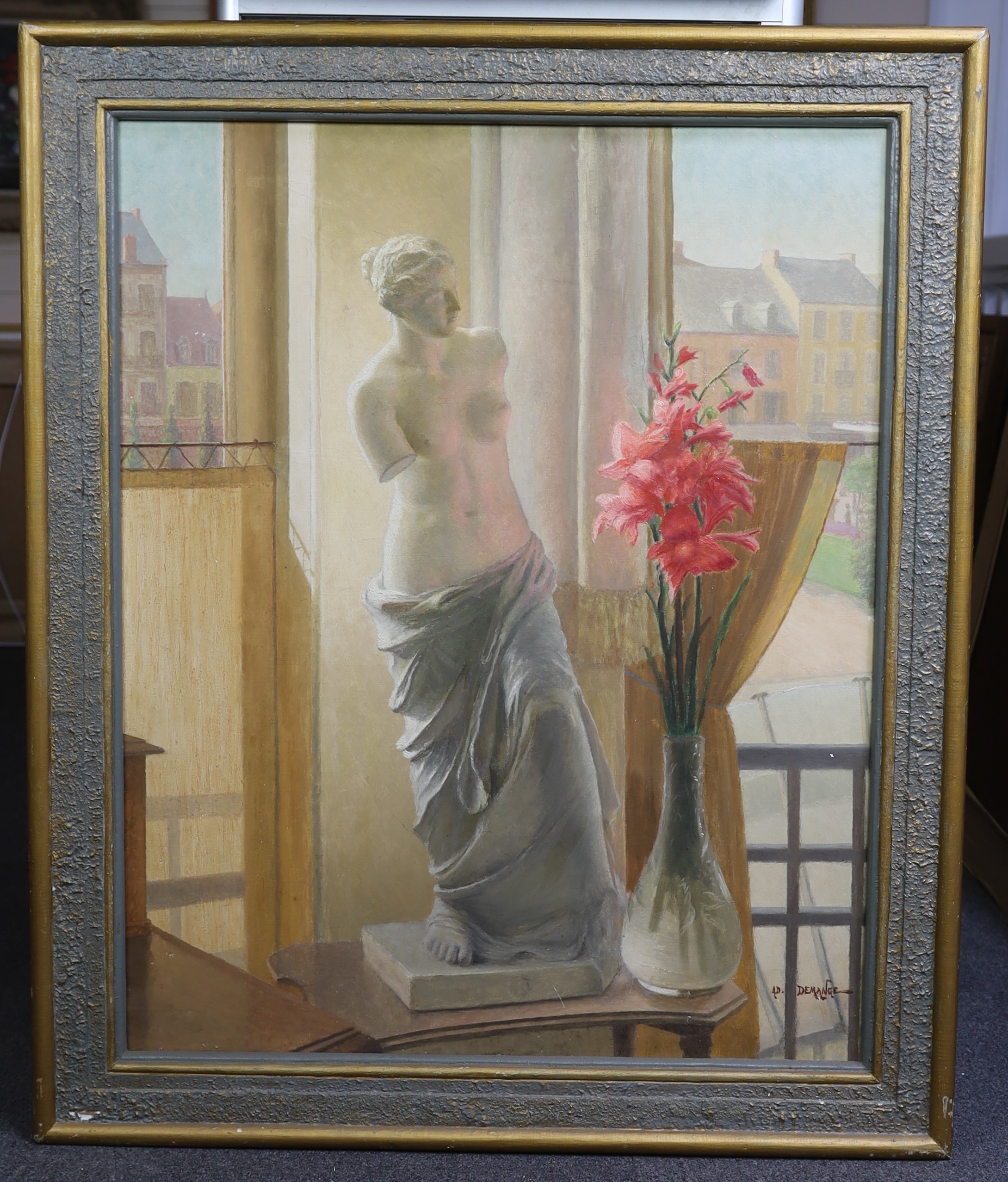 Adolphe Demange (French, 1857-1928), oil on canvas, 'Venus de Milo sculpture and gladioli in the window', signed, 97 x 77cm